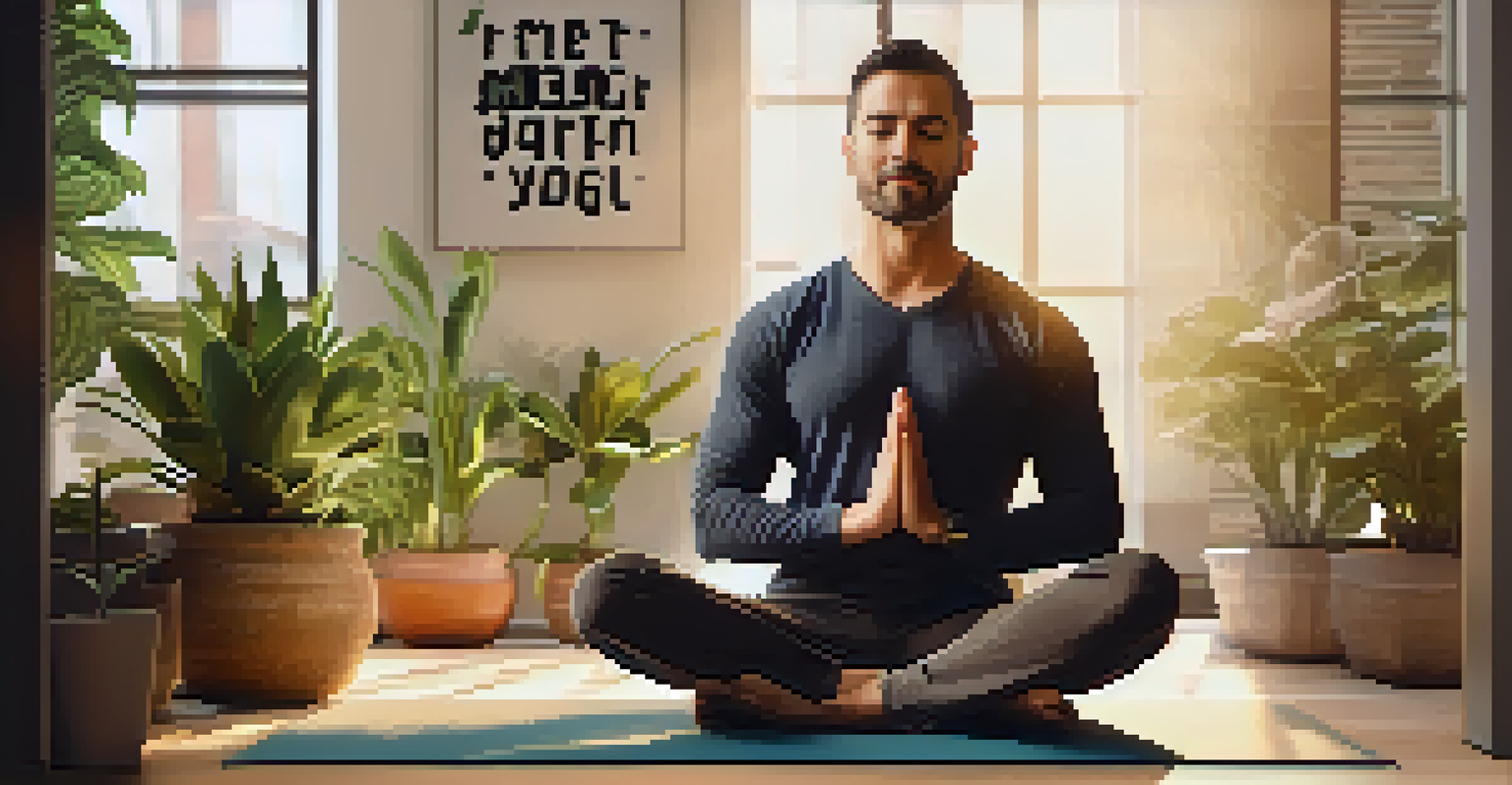 A leader practicing mindfulness in a modern office, sitting cross-legged on a yoga mat.