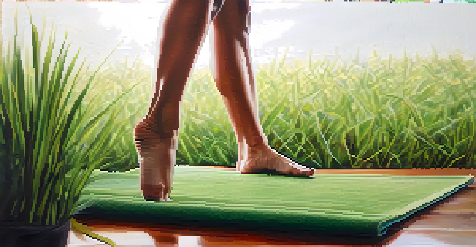 Close-up of an athlete's feet in a yoga pose on a textured mat, emphasizing balance and stability.