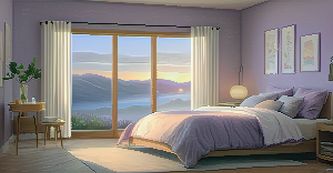 A calming bedroom environment with soft lighting, lavender bedding, and yoga mats, designed for relaxation and sleep.