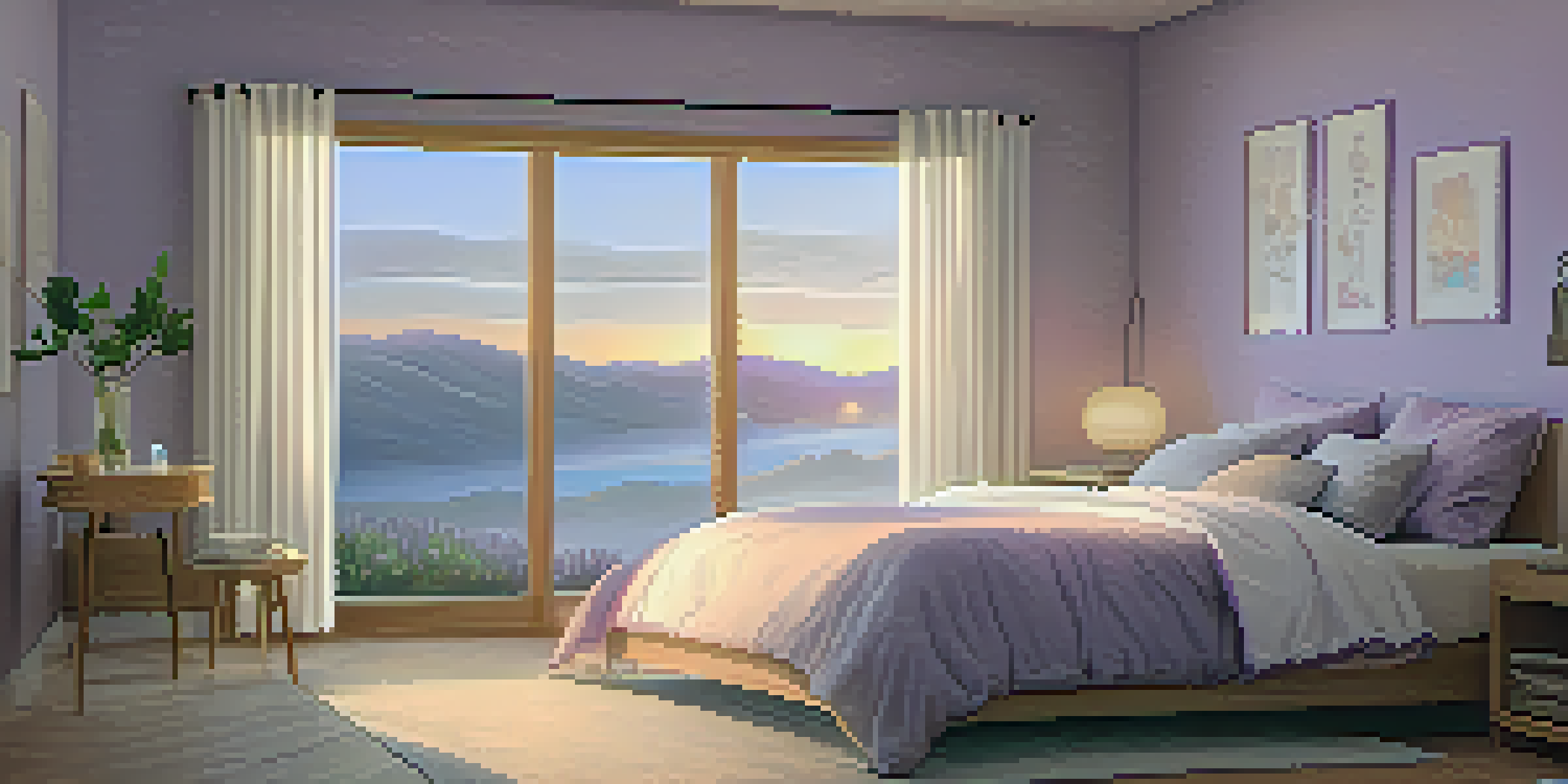 A calming bedroom environment with soft lighting, lavender bedding, and yoga mats, designed for relaxation and sleep.
