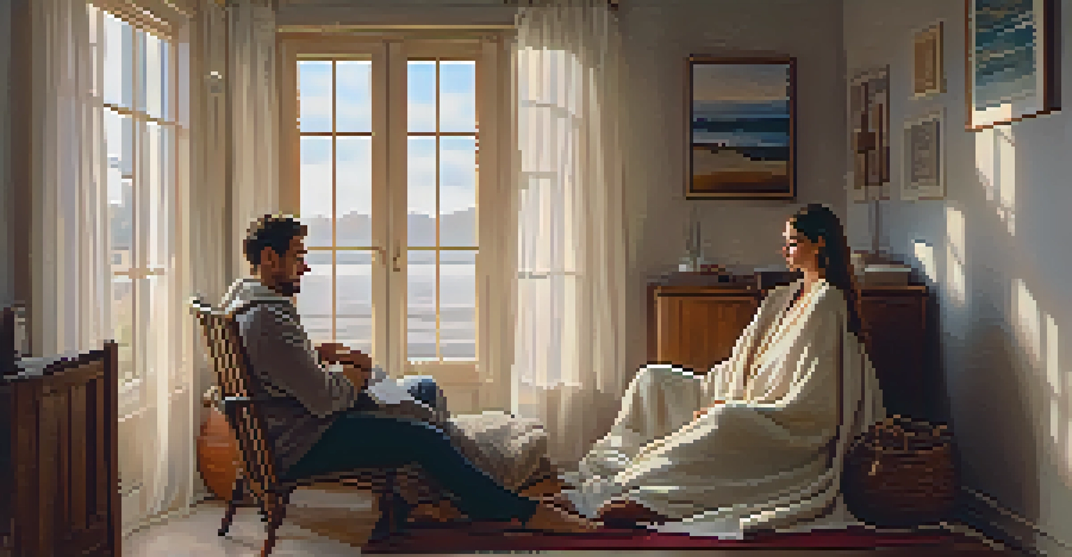 A couple sitting closely in a cozy corner, practicing breath synchronization with soft lighting around them.