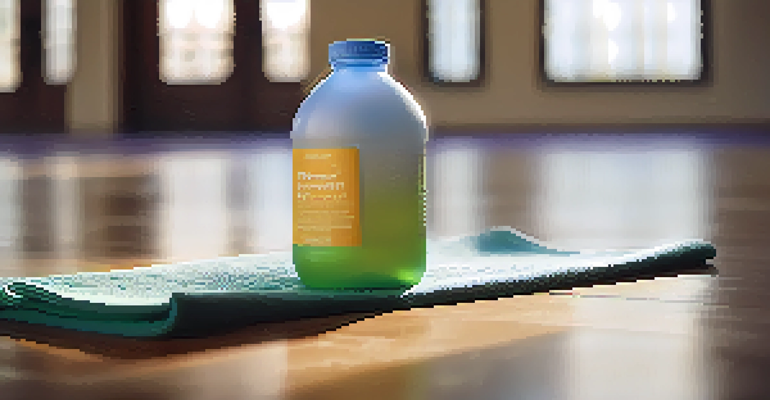 A close-up of a water bottle and towel on a yoga mat, with blurred practitioners in the background.