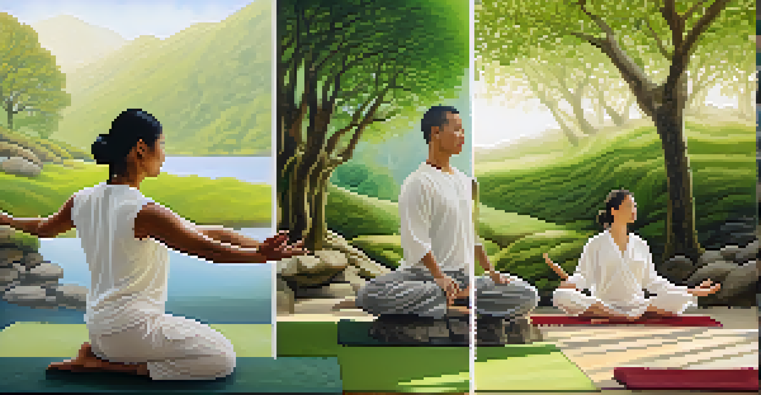 A split image depicting a person practicing Tai Chi on one side and yoga on the other, showcasing a connection between the two practices in a natural setting.
