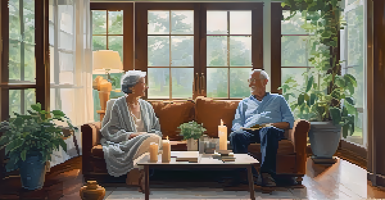 An elderly couple practicing breathing techniques together on a couch in a cozy, warmly lit room.