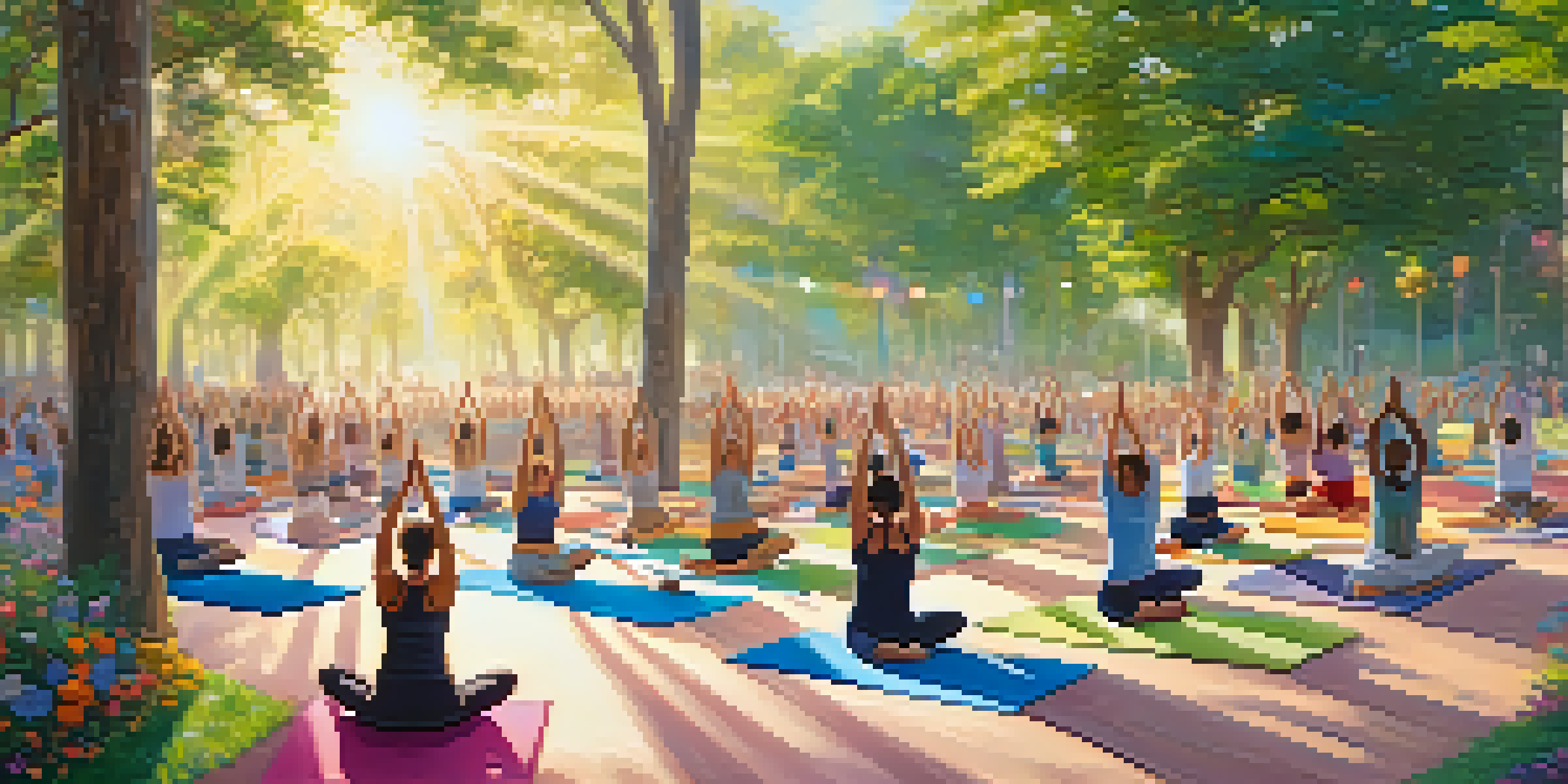 A diverse group of young people practicing yoga in a lush park, surrounded by greenery and sunlight.