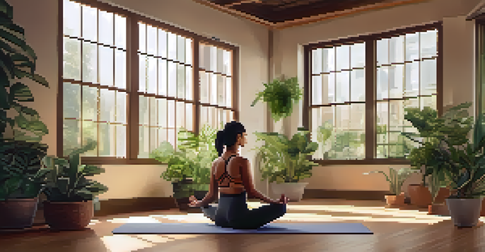 A calm yoga studio with a person practicing breathing techniques amidst indoor plants and natural light.