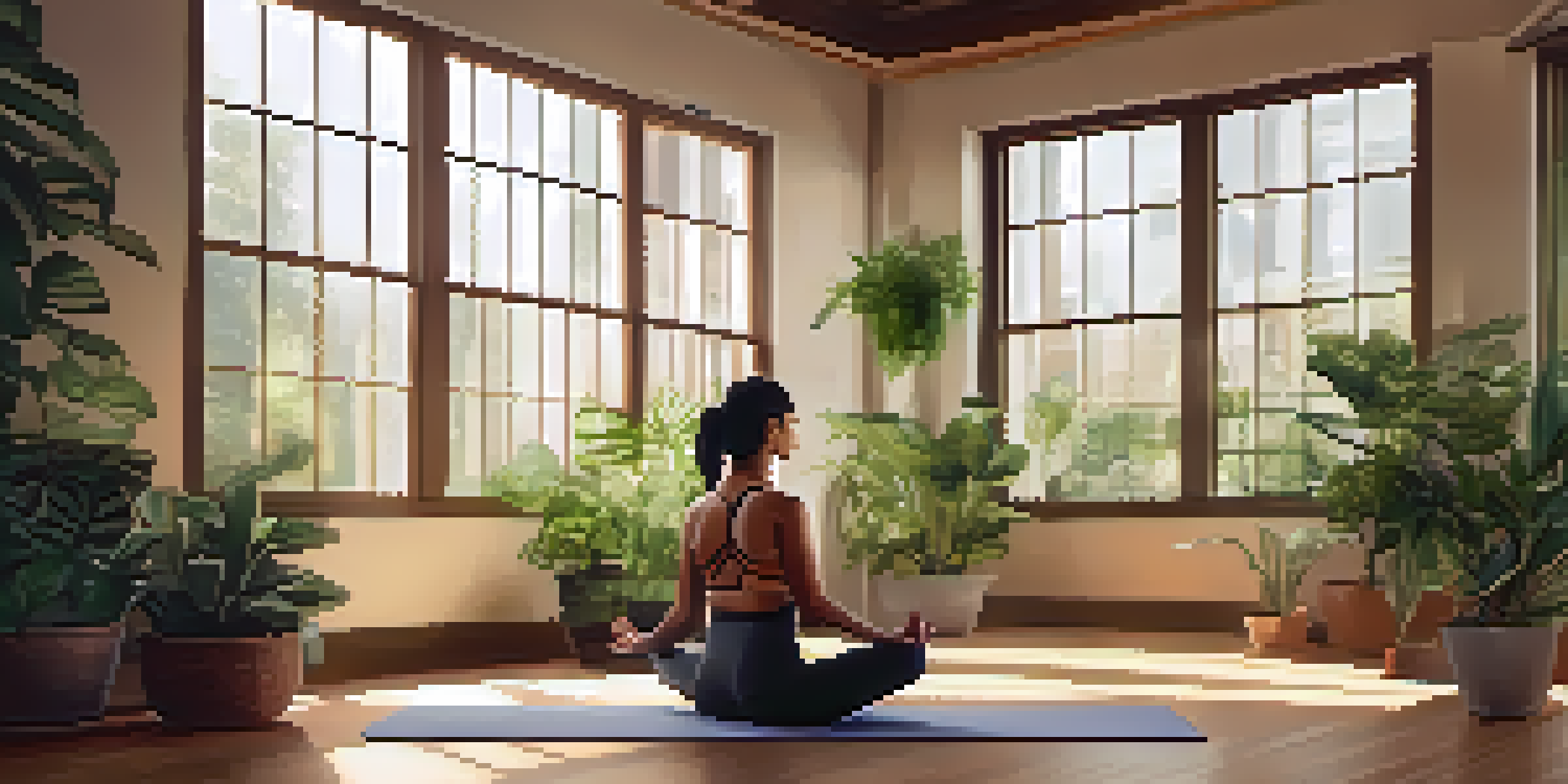 A calm yoga studio with a person practicing breathing techniques amidst indoor plants and natural light.