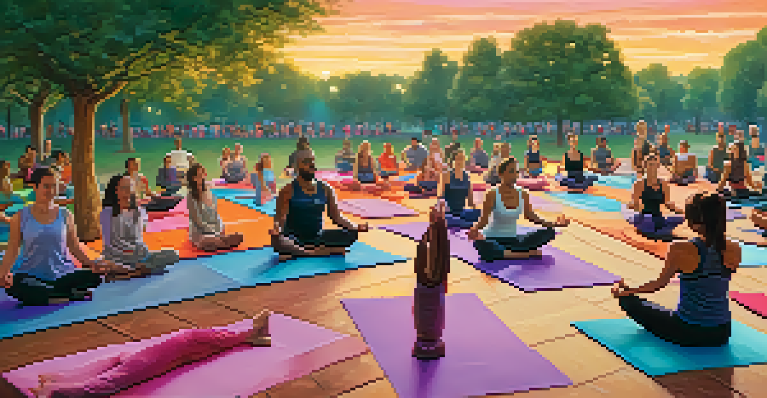 A diverse group of people practicing yoga in a park during sunset, surrounded by colorful mats and a vibrant sky.