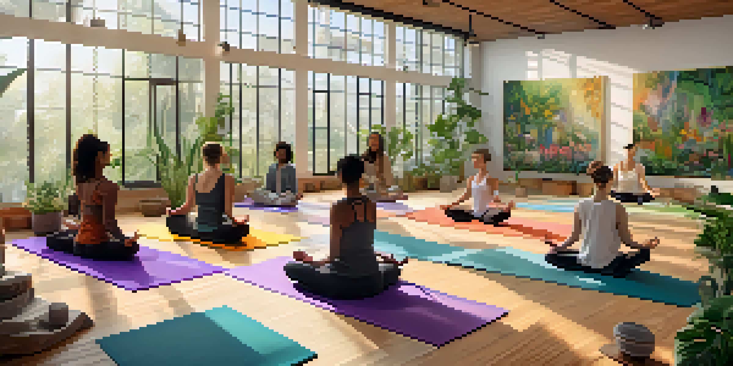 A yoga studio filled with natural light, featuring diverse individuals practicing yoga and a sound healing setup with singing bowls.
