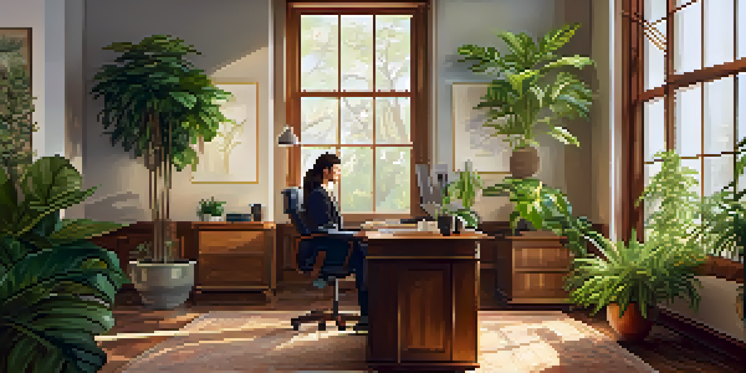 A leader practicing mindful breathing in a peaceful office with indoor plants and warm morning light.