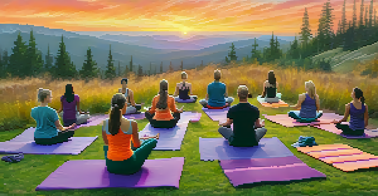 A group of individuals practicing yoga on a mountain plateau at sunset, with vibrant colors in the sky and a serene natural environment.