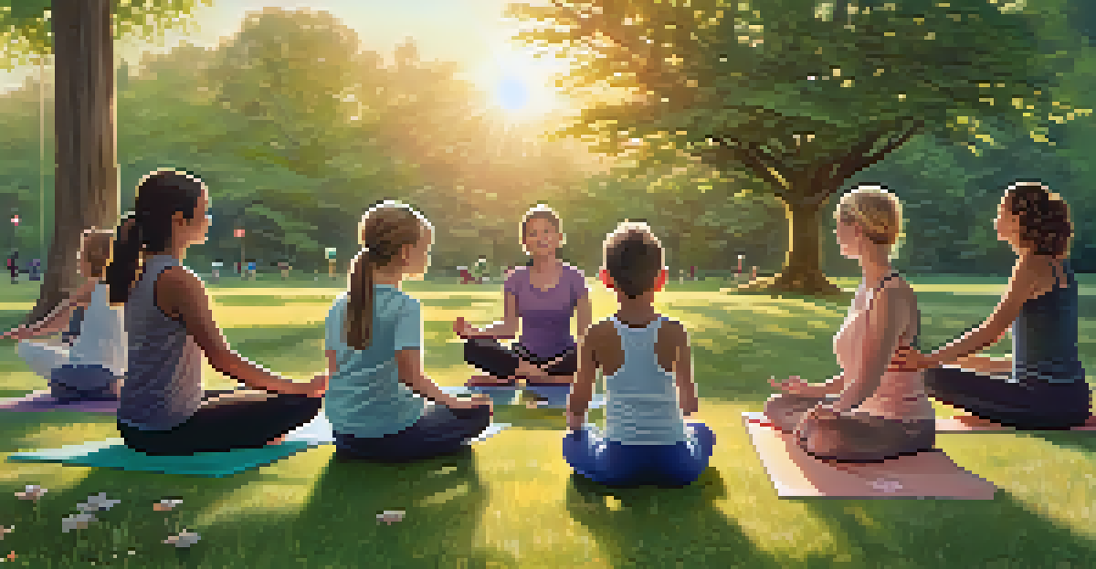A family practicing yoga in a park at sunset, with parents and children mimicking animal poses surrounded by nature.