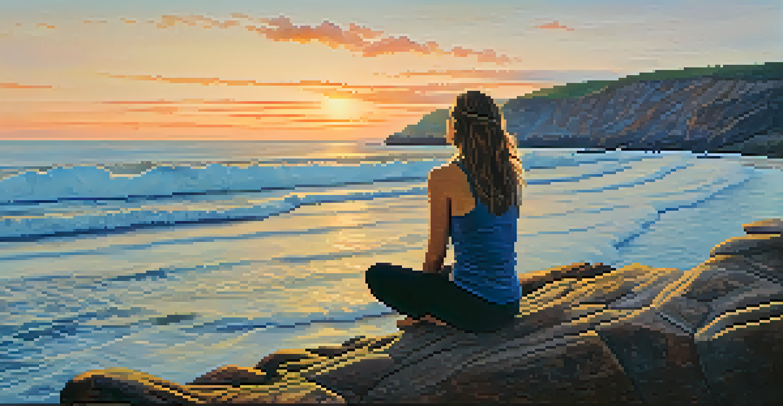 A woman practicing alternate nostril breathing at sunset on a cliff by the ocean.