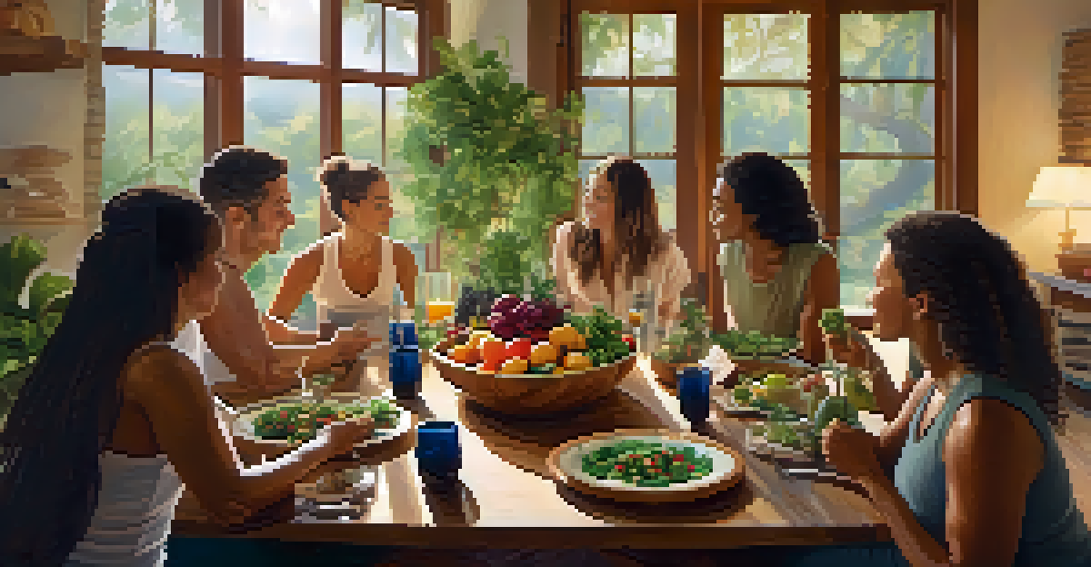 A group of individuals enjoying a healthy meal together at a yoga retreat, with vibrant food and a warm, inviting setting.