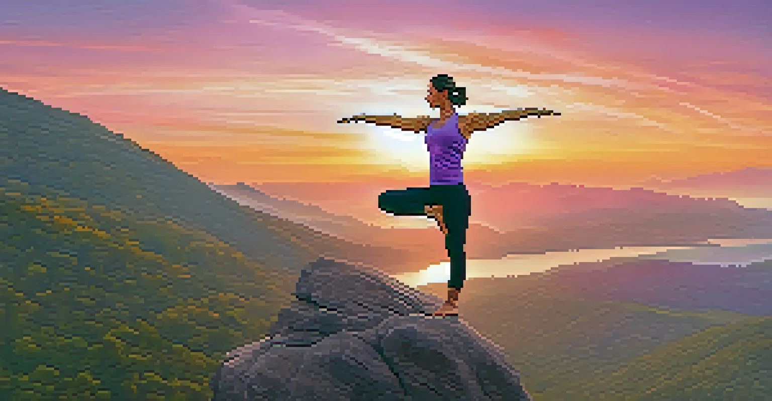 A person in Warrior II pose on a cliff at sunset, with a colorful sky and a vast landscape in the background.