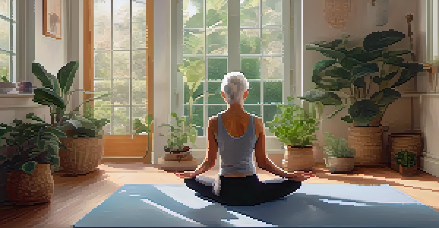 An elderly person practicing the Cat-Cow stretch in a peaceful indoor yoga space with plants and soft lighting.