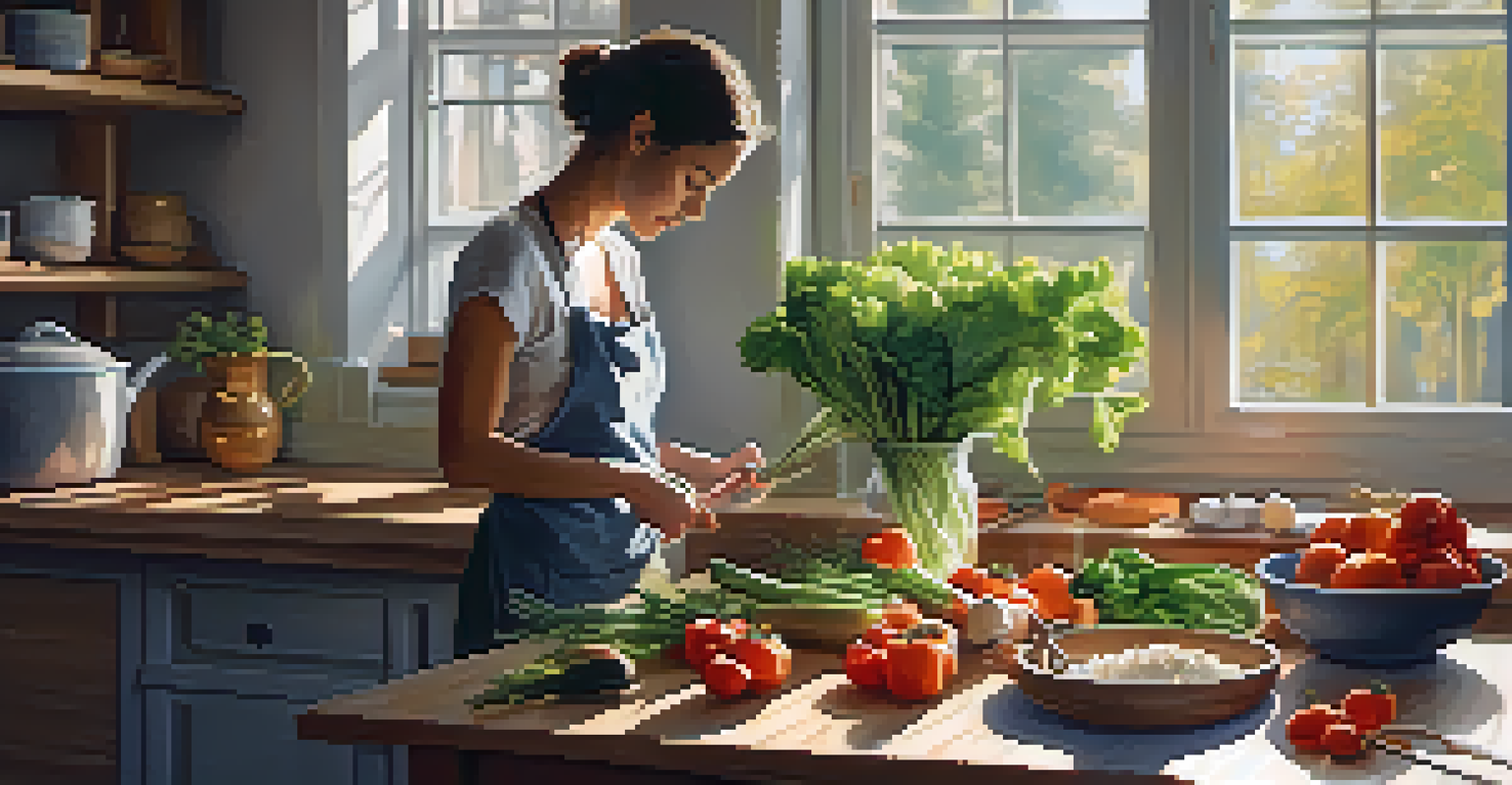 A person preparing a meal in a cozy kitchen, with fresh vegetables and sunlight streaming through the window.