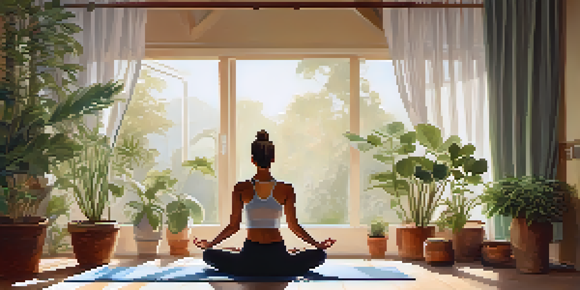 A woman practicing breathing exercises in a peaceful yoga studio, surrounded by plants and bathed in soft sunlight.