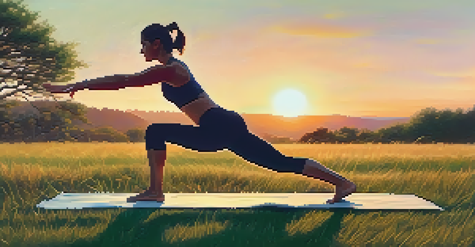 A runner practicing a hip-opening yoga pose on a grassy field during sunset, showcasing flexibility and strength.