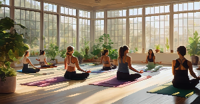 A diverse group of individuals practicing yoga in a sunlit studio filled with indoor plants, creating a peaceful atmosphere.
