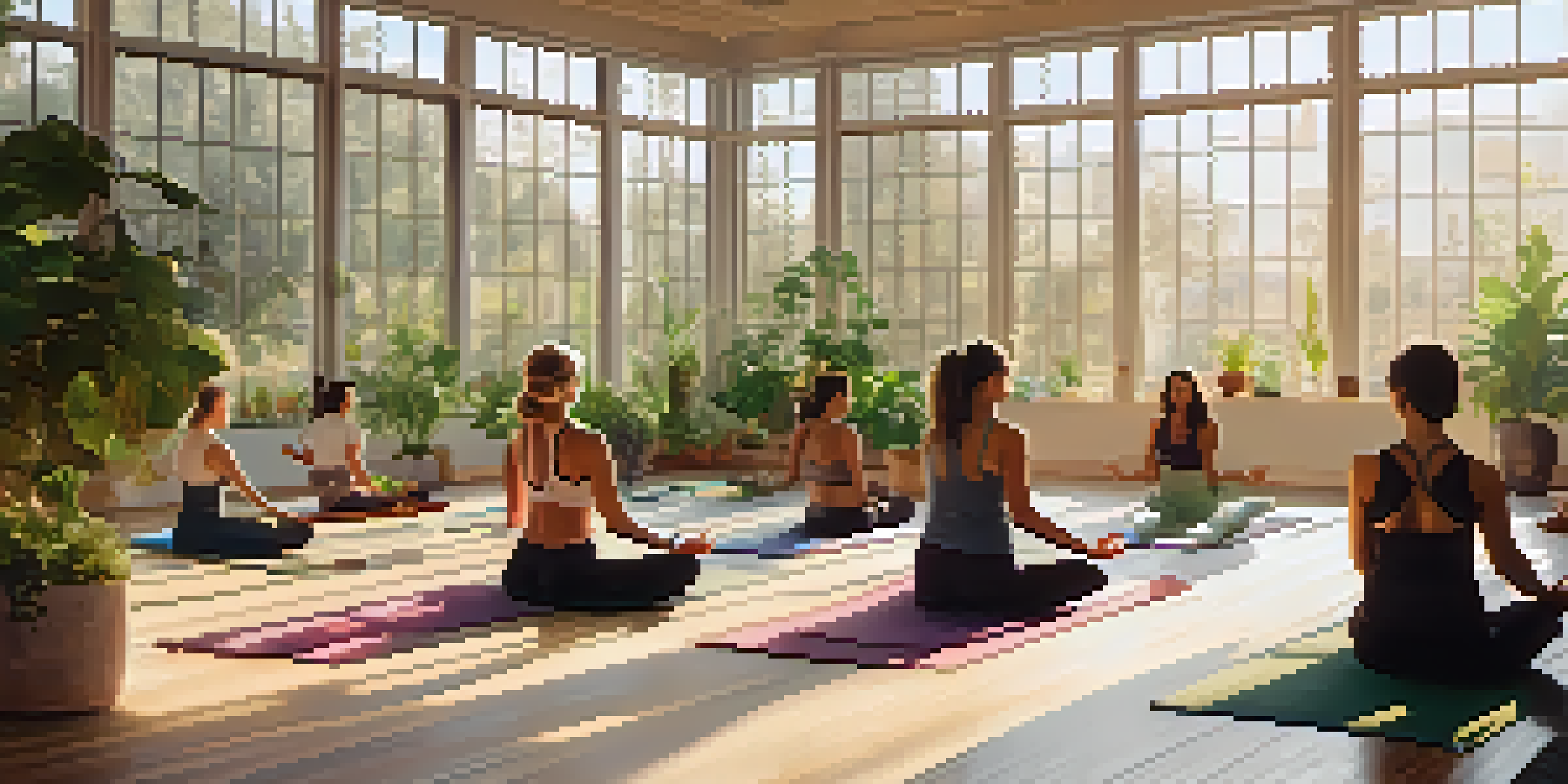 A diverse group of individuals practicing yoga in a sunlit studio filled with indoor plants, creating a peaceful atmosphere.