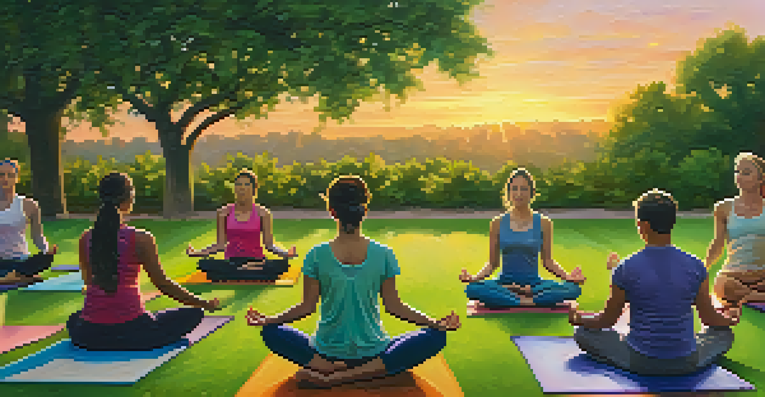 A group yoga class in a park at sunset, with participants in various yoga poses surrounded by nature.