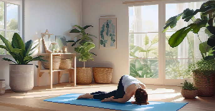 A peaceful yoga studio with a person in Child's Pose on a mat, surrounded by indoor plants and soft morning light.