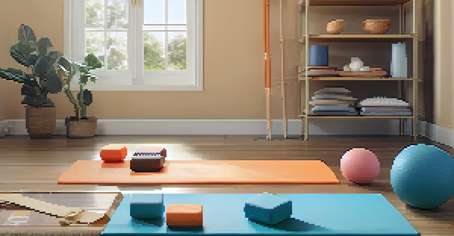 A close-up view of a yoga mat with props in a safe and organized yoga space.