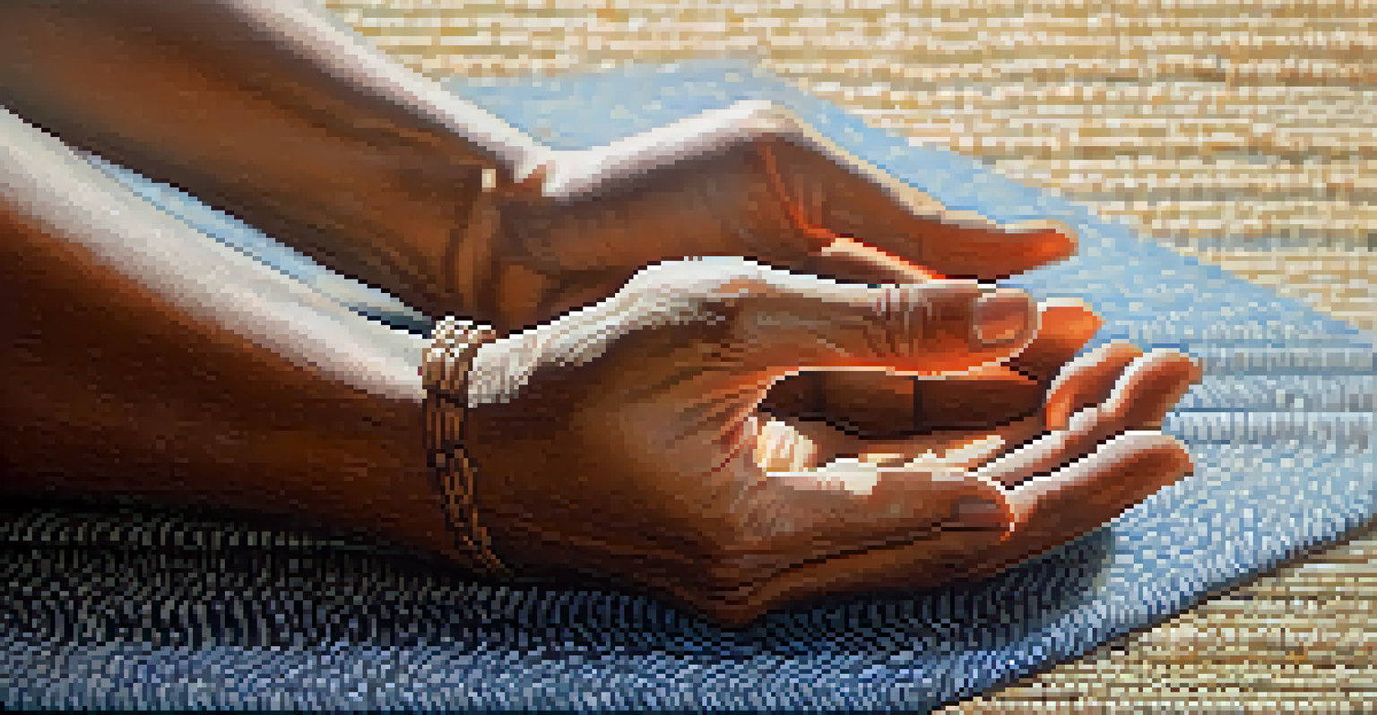 A close-up of hands in a yoga mudra on a textured yoga mat with a soft-focus background.