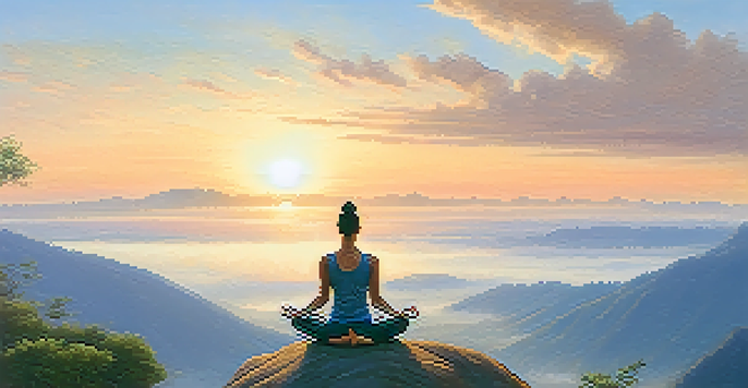 A person meditating on a cliff at sunrise, with a misty valley and distant mountains in the background.