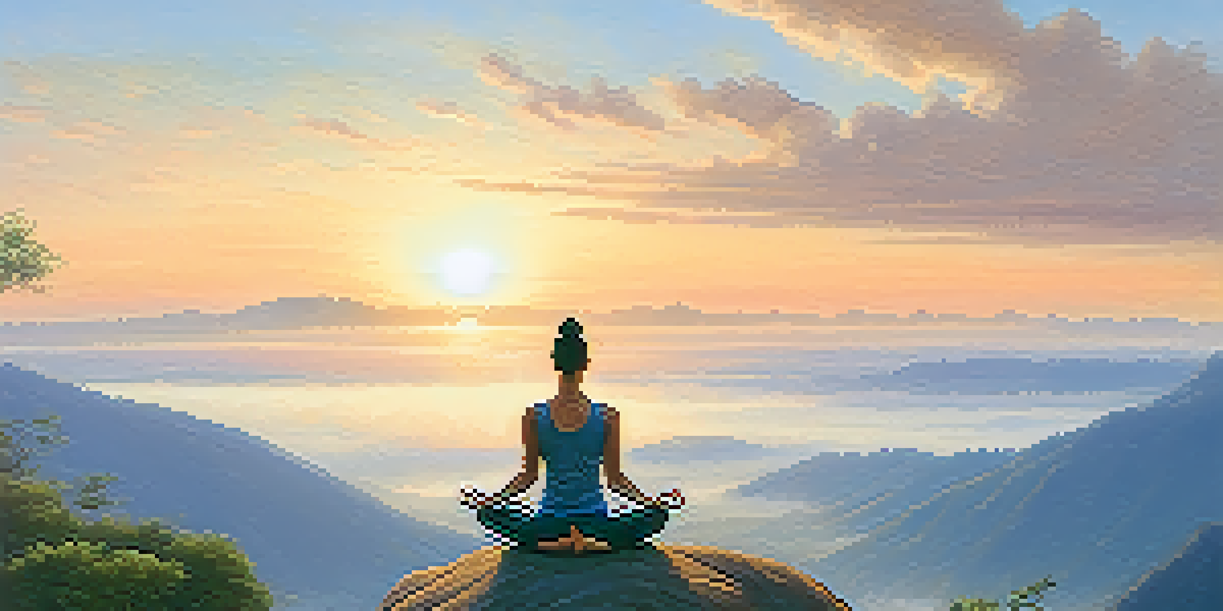 A person meditating on a cliff at sunrise, with a misty valley and distant mountains in the background.