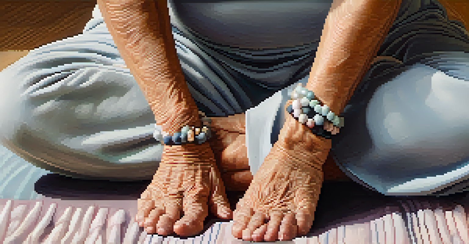 Close-up of an elderly person's hands resting on their knees in a calming yoga setting.