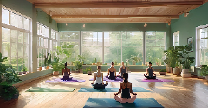 A diverse group of individuals practicing yoga in a serene studio with natural light and plants.