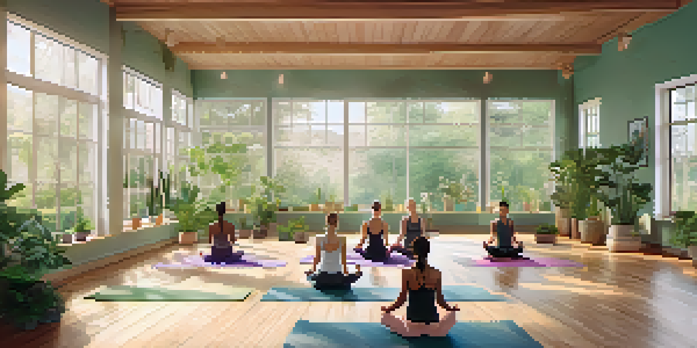 A diverse group of individuals practicing yoga in a serene studio with natural light and plants.