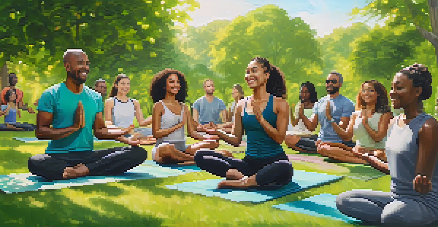 A diverse group practicing mindfulness yoga outdoors in a green park, displaying community and joy.