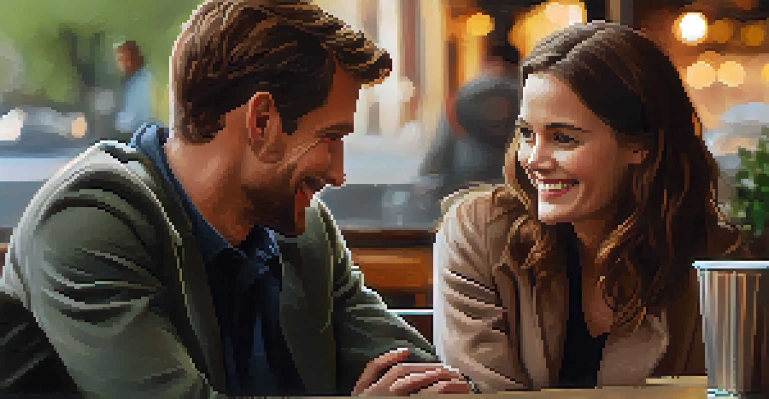 Two people in a café engaging in conversation, one smiling and maintaining eye contact, surrounded by a warm and inviting atmosphere.