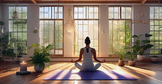 A tranquil yoga studio with a practitioner performing Kundalini Yoga surrounded by candles and plants, illuminated by soft sunlight.