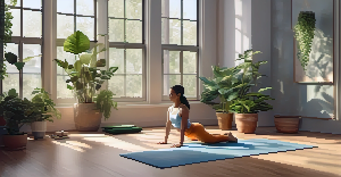 A peaceful yoga studio with natural light, wooden floors, and a person in Child's Pose surrounded by plants.