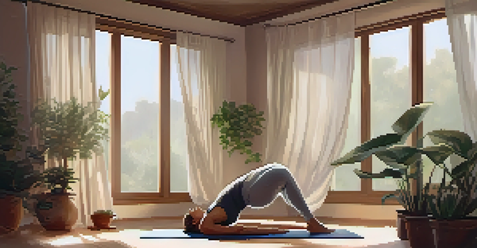 A calm yoga studio with a person practicing Yin Yoga in a deep stretch pose, surrounded by plants and natural light.