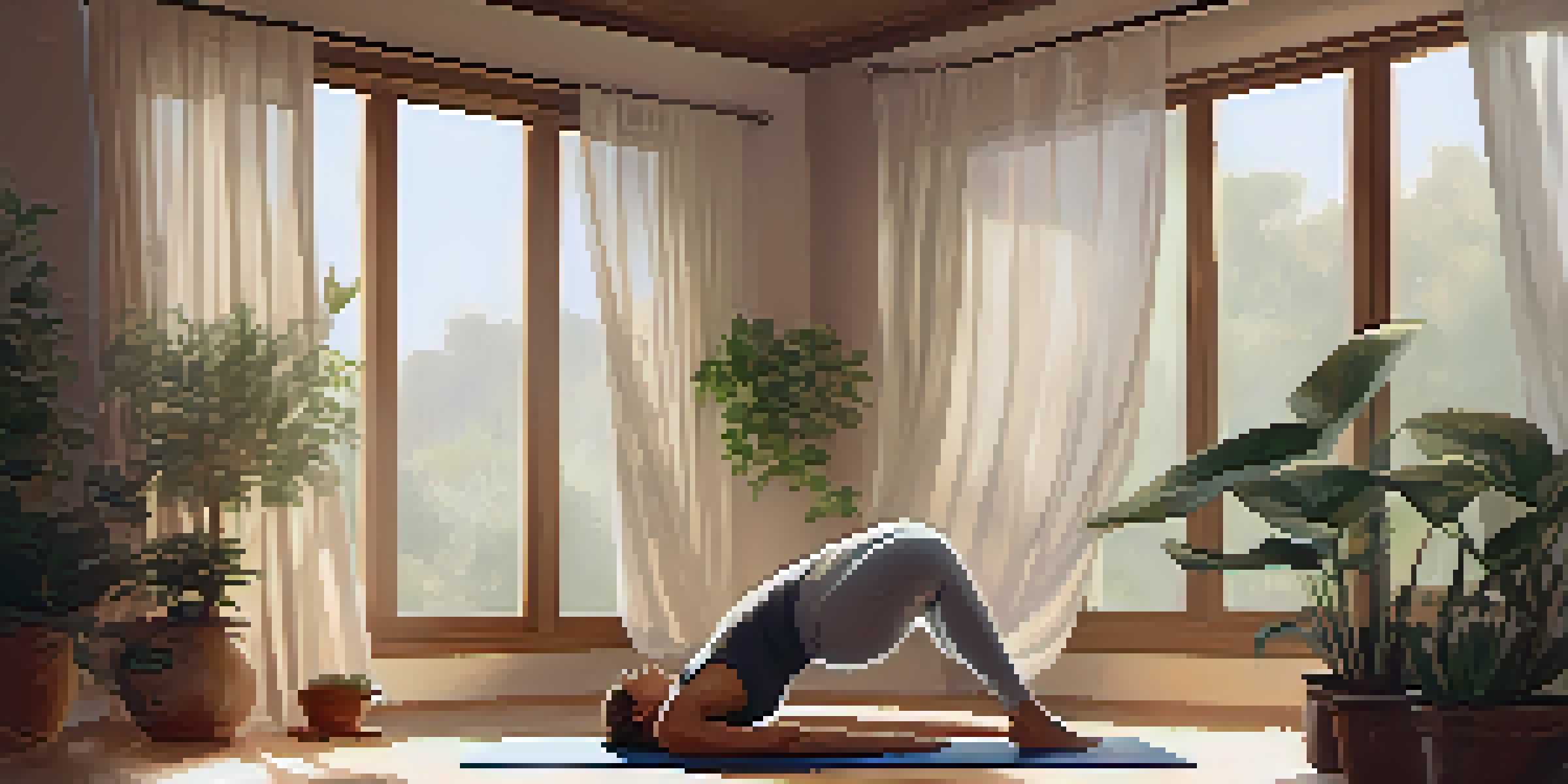 A calm yoga studio with a person practicing Yin Yoga in a deep stretch pose, surrounded by plants and natural light.