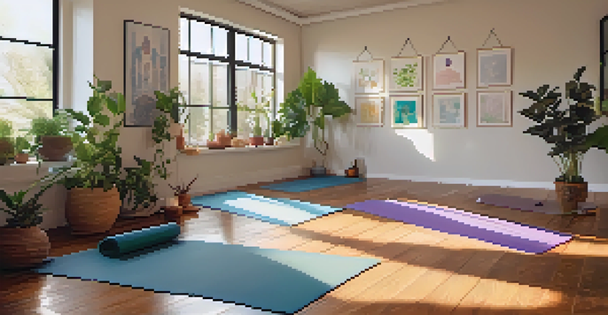 A peaceful yoga studio with a person practicing yoga, surrounded by plants and candles, illuminated by soft morning light.