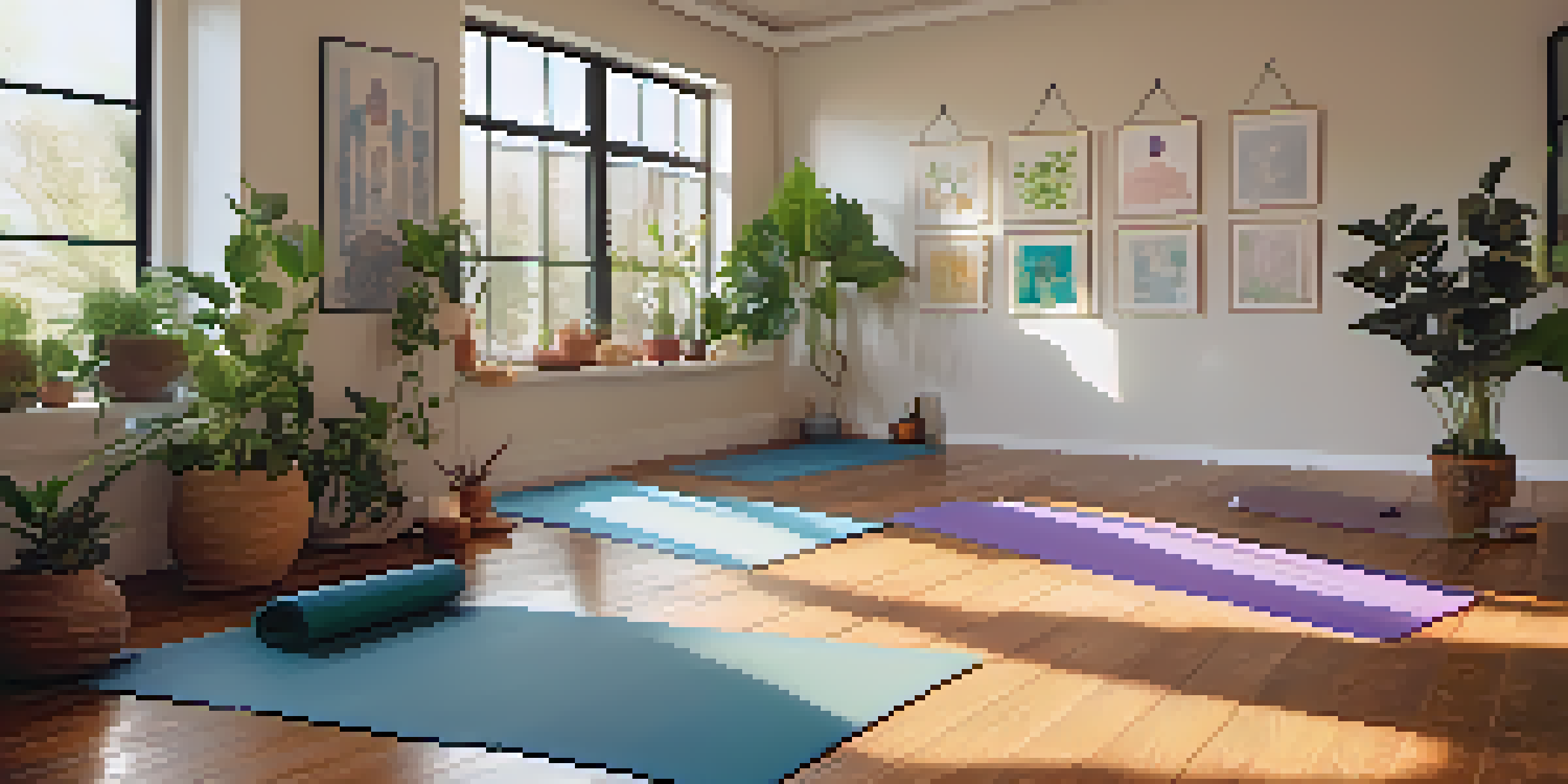 A peaceful yoga studio with a person practicing yoga, surrounded by plants and candles, illuminated by soft morning light.