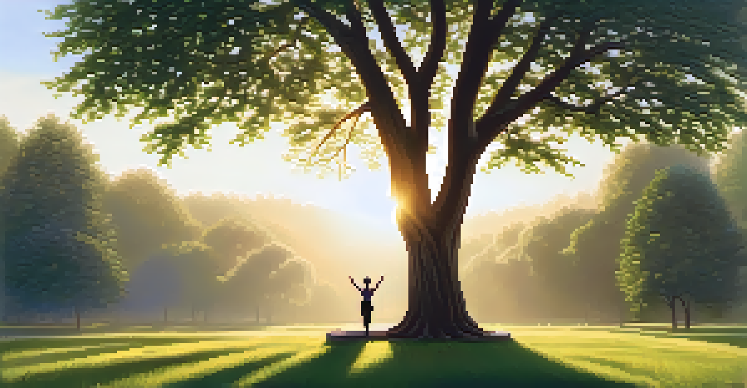 A person practicing tree pose in a peaceful park at sunrise, surrounded by greenery and soft golden light.