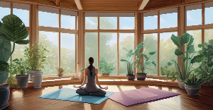 A calm yoga studio with sunlight, wooden floors, and a practicing yogi surrounded by plants.