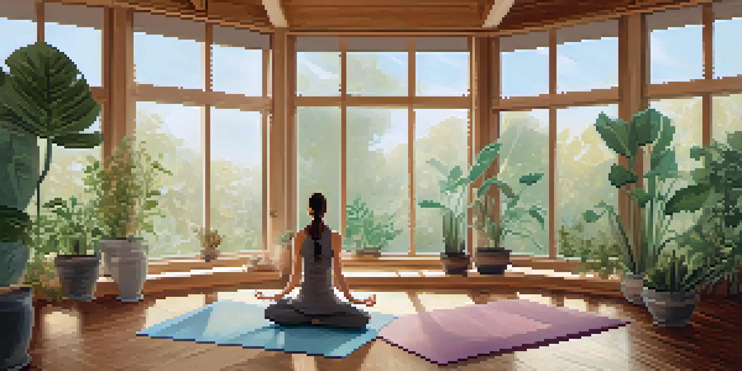 A calm yoga studio with sunlight, wooden floors, and a practicing yogi surrounded by plants.
