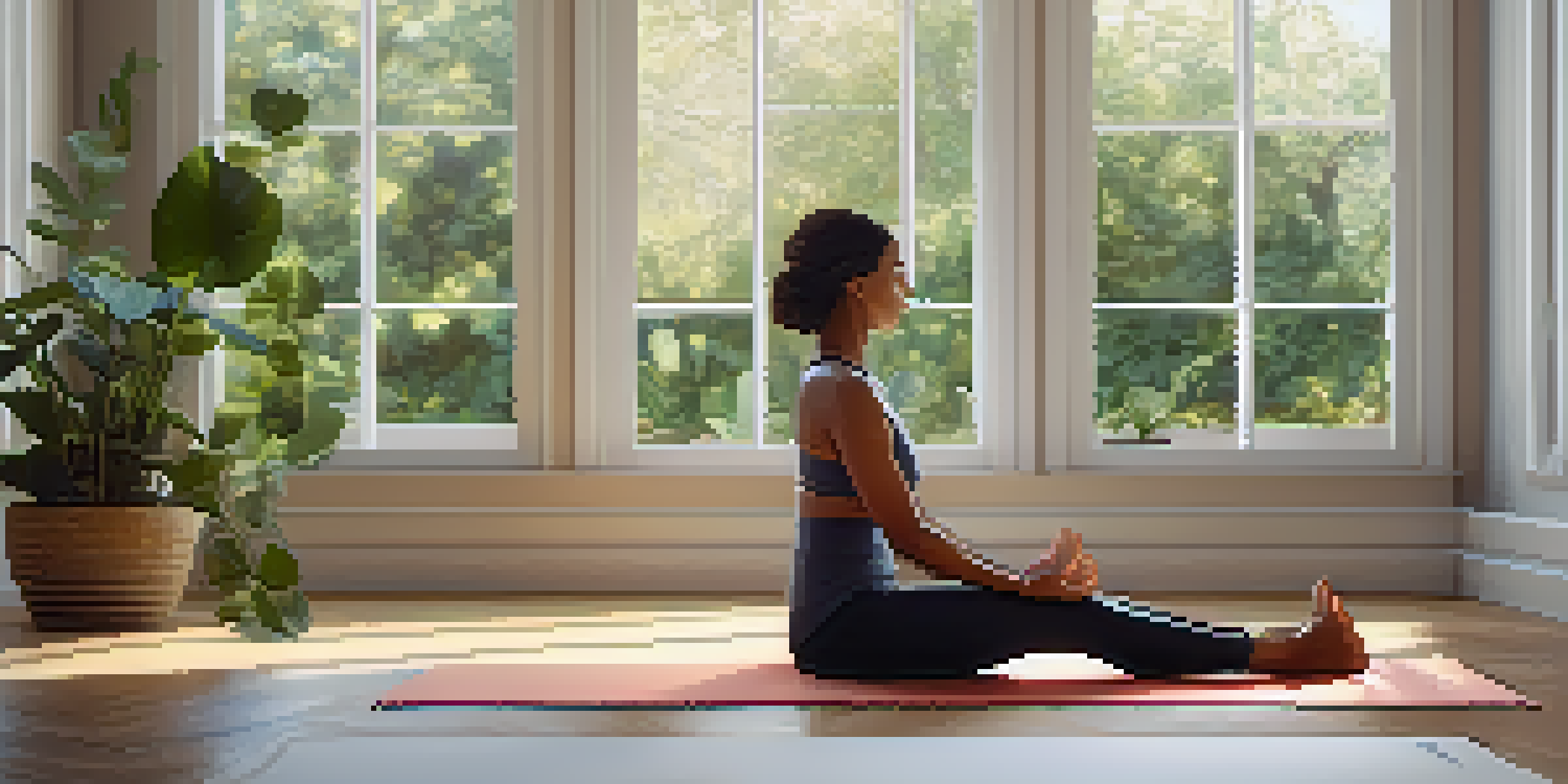 Two individuals practicing partner yoga in a serene indoor setting, transitioning into a double downward dog pose with natural light filtering through a window.