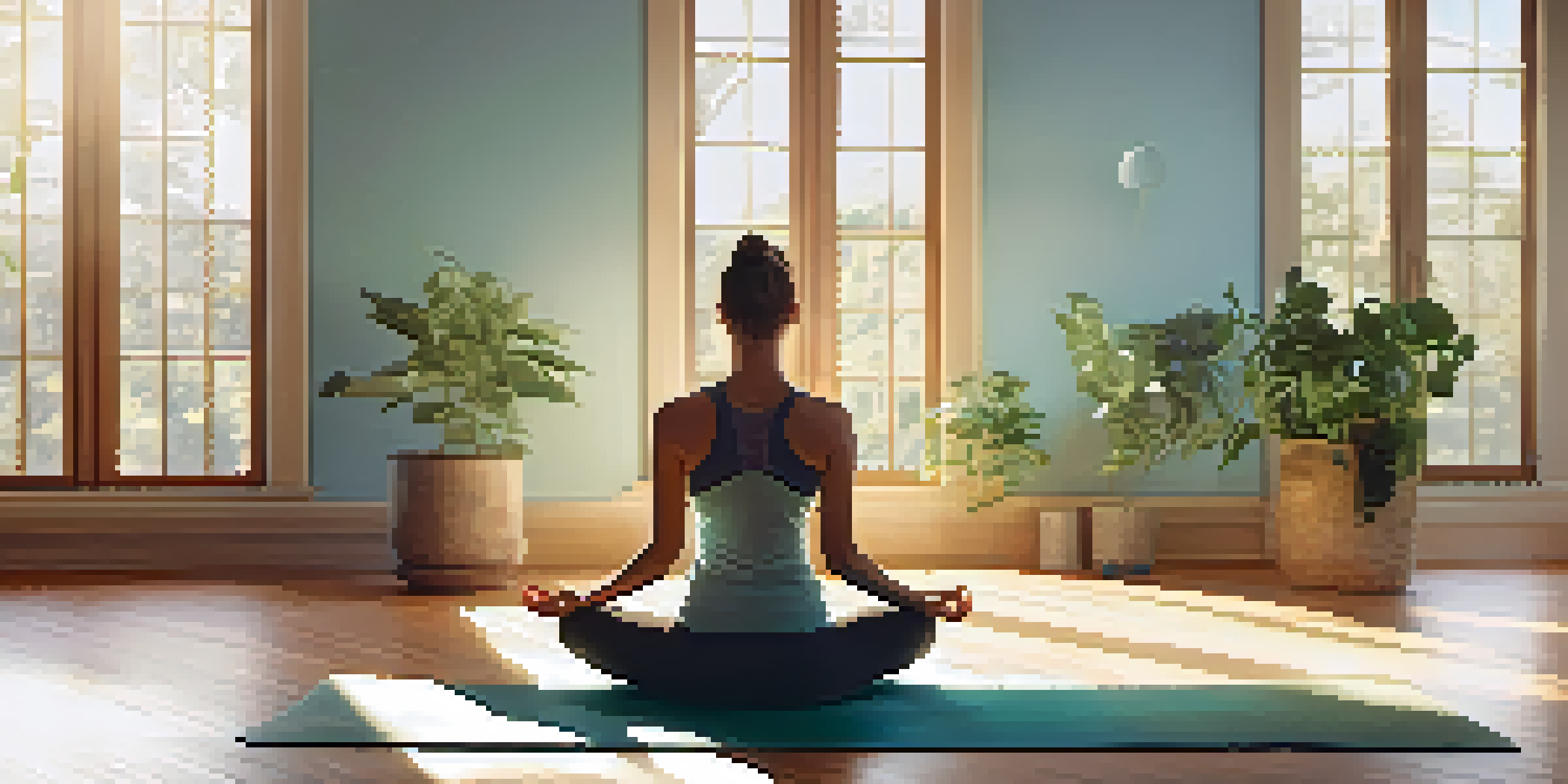 A woman meditating in a sunlit yoga studio with green plants and wooden floors.