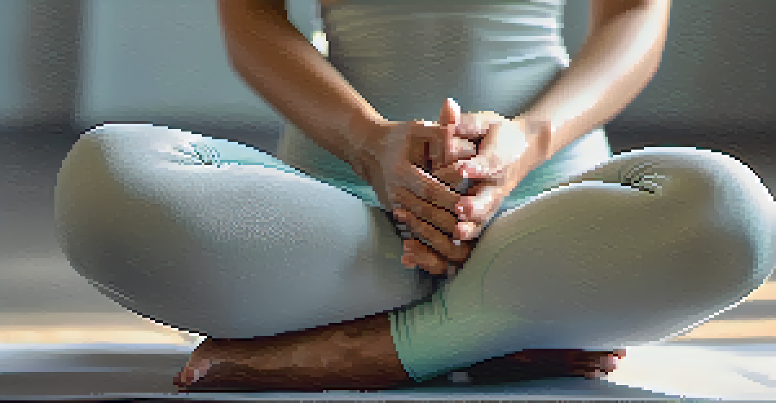 A close-up of a person's hands on their knees in a Yin Yoga pose, highlighting relaxation and mindfulness in a peaceful setting.
