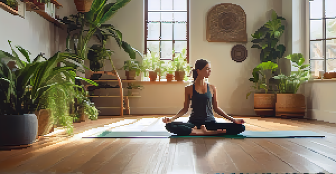 A peaceful indoor yoga setting with a person practicing Child's Pose on a mat, surrounded by greenery and natural light.