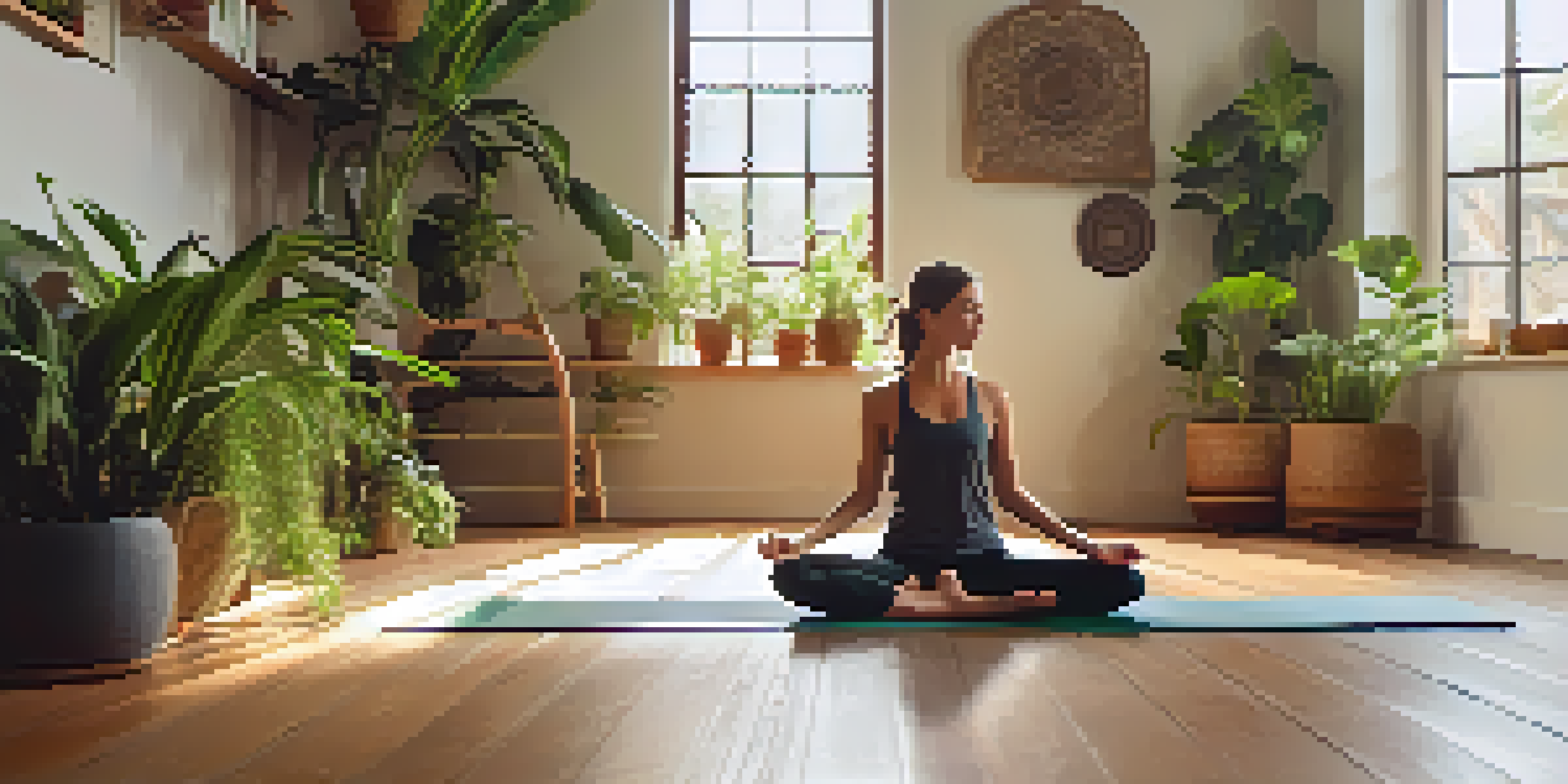 A peaceful indoor yoga setting with a person practicing Child's Pose on a mat, surrounded by greenery and natural light.